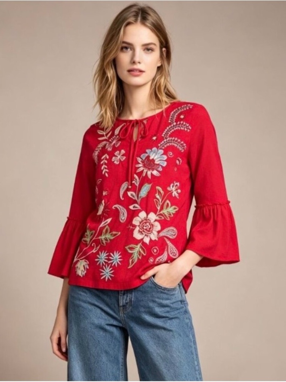 Johnny Was Freyde Red Embroidered Bell-Sleeve Women's Top Size XL